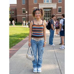 Page One Striped Knit Cami Tank Top Y2K Brown Blue Orange Crochet Style S